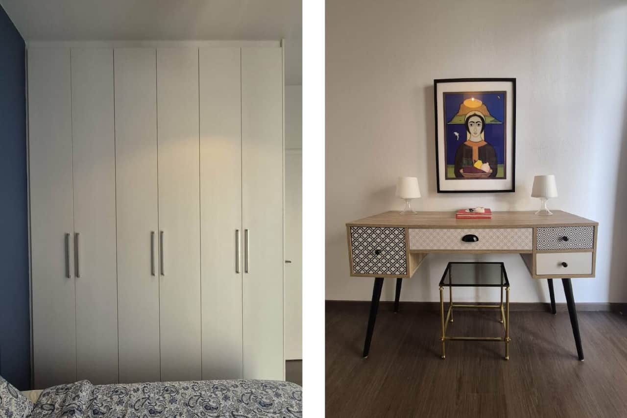 The bedroom is located at the rear for absolute peace and privacy, offering a closed space with a large wardrobe and soft, comfortable bedding. It is designed for restful nights, and features its own air conditioning for a perfect sleep. Always cool.