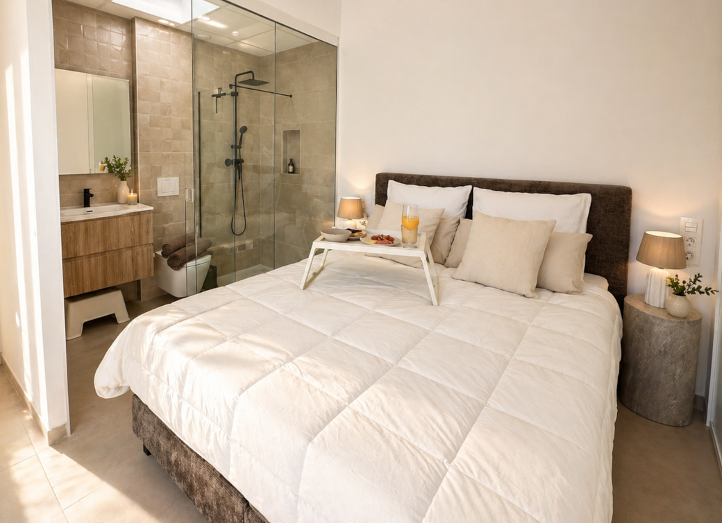Queen-size bed with en-suite bathroom