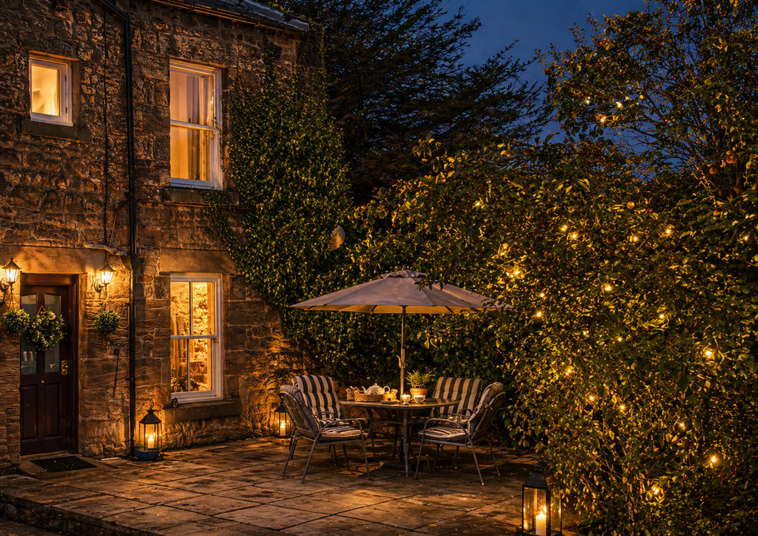 Outdoor space lit for relaxed evenings and gatherings