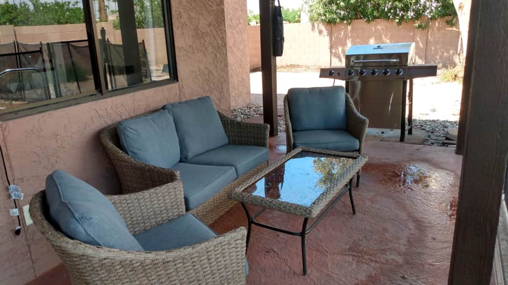 Relax on the covered patio and enjoy using the propane grill for delicious BBQs Relax on the covered patio and enjoy using the propane grill for delicious BBQs