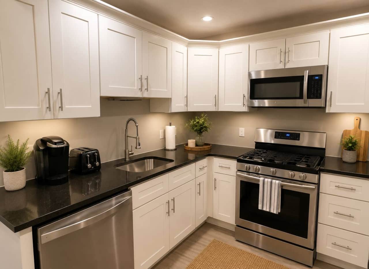 kitchen featuring white shaker cabinets, sleek black countertops, stainless-steel appliances, a gas range, microwave, dishwasher, Keurig coffee maker, toaster, & ample storage—perfect for preparing anything from a quick breakfast to a full meal.