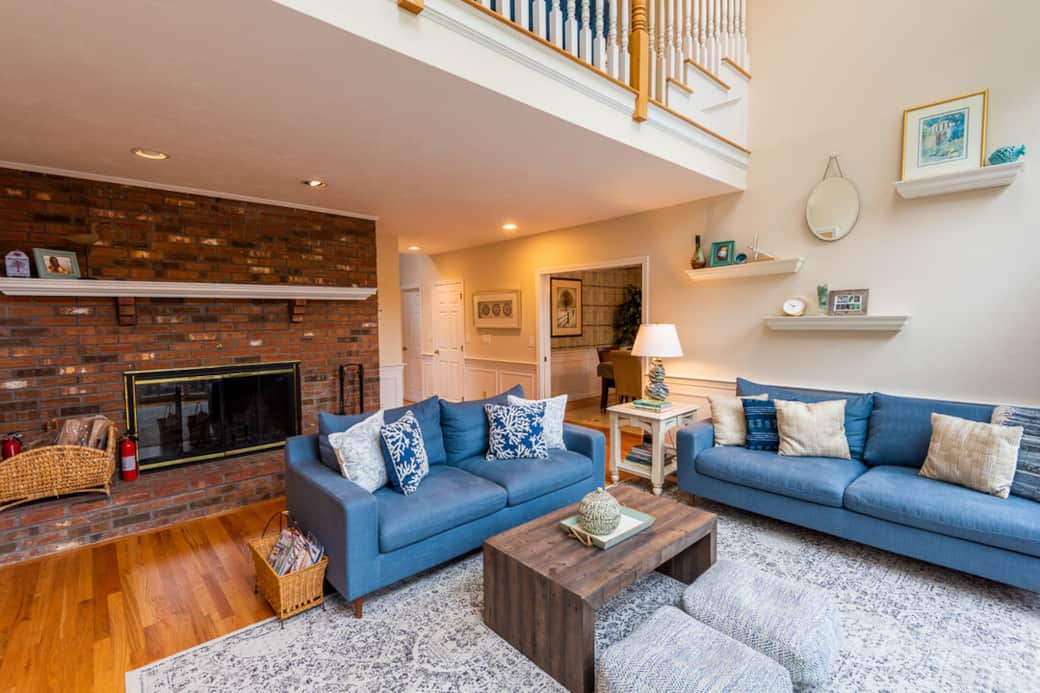 Living room with wood fireplace