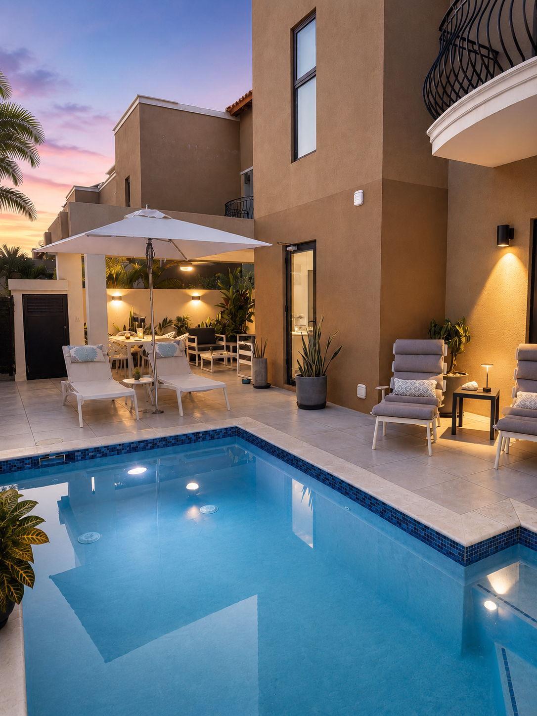 Private yard with swimming pool, BBQ, and covered dining and lounge area