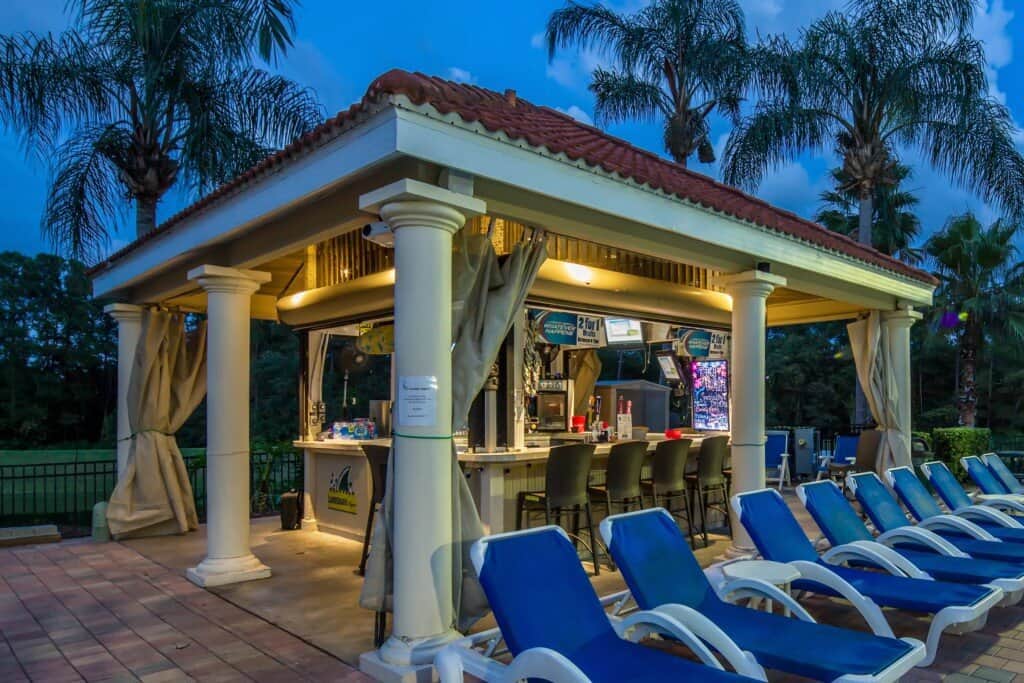 The Tiki Bar, located poolside near the clubhouse, is open daily from 11:00 a.m. to 10:00 p.m.