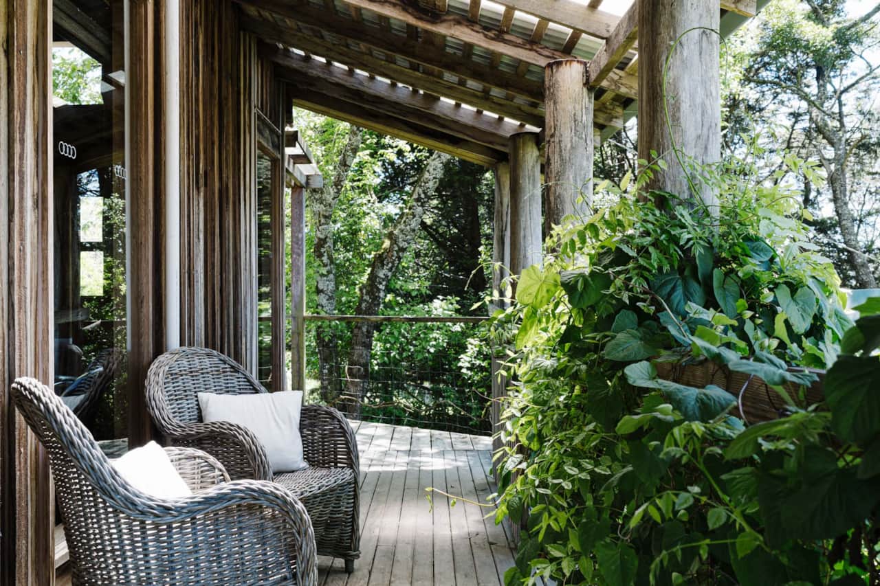 Otways Loft  wrap around veranda deck overlooking garden with lounge furniture, Forrest VIC