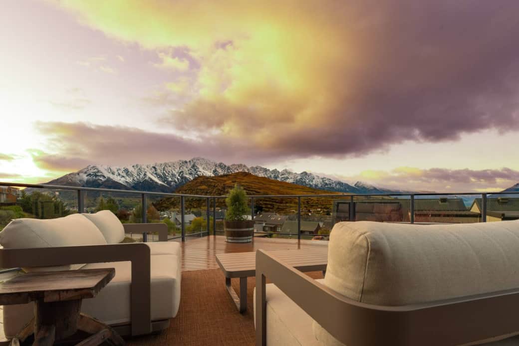 Front deck with lake and mountain views