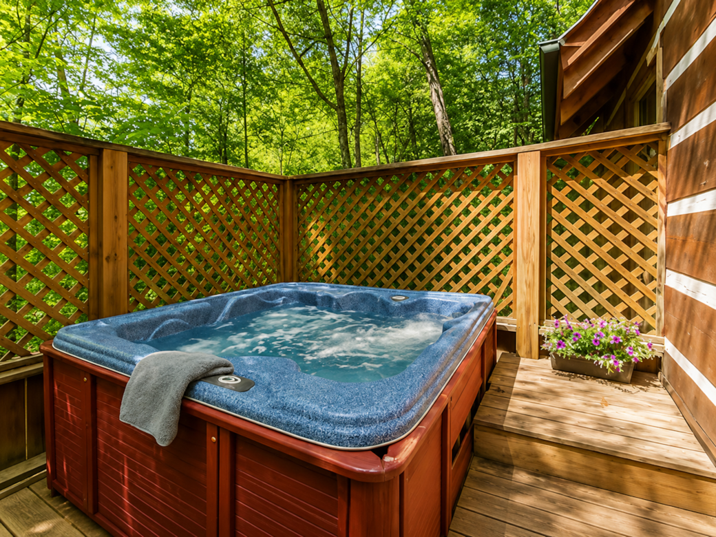 Soak in the private hot tub surrounded by the peaceful beauty of the Smoky Mountains