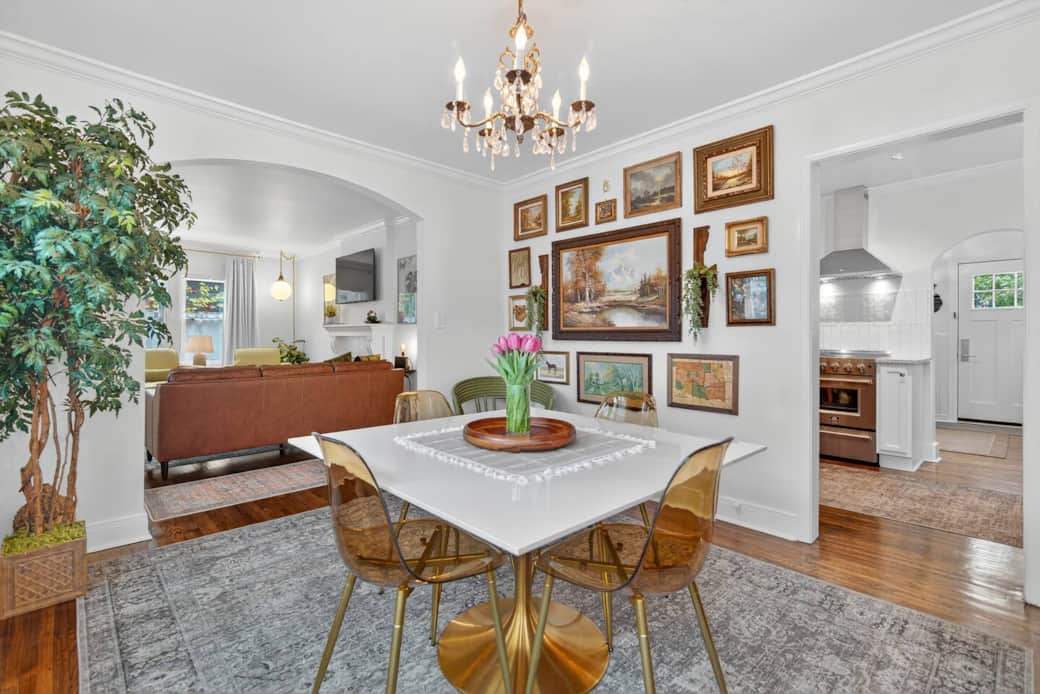 Dining area with seating for 4. Enjoy our vintage gallery wall. Dining area with seating for 4. Enjoy our vintage gallery wall.