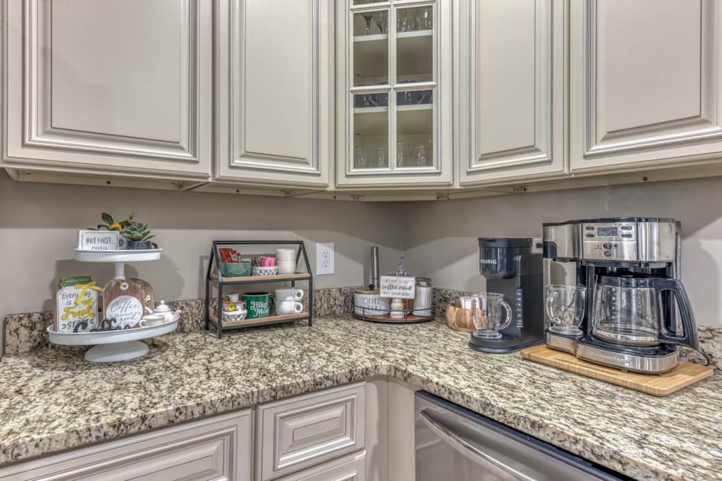 Coffee bar with drip, Keurig, tea, creamers, and syrups. Coffee bar with drip, Keurig, tea, creamers, and syrups.