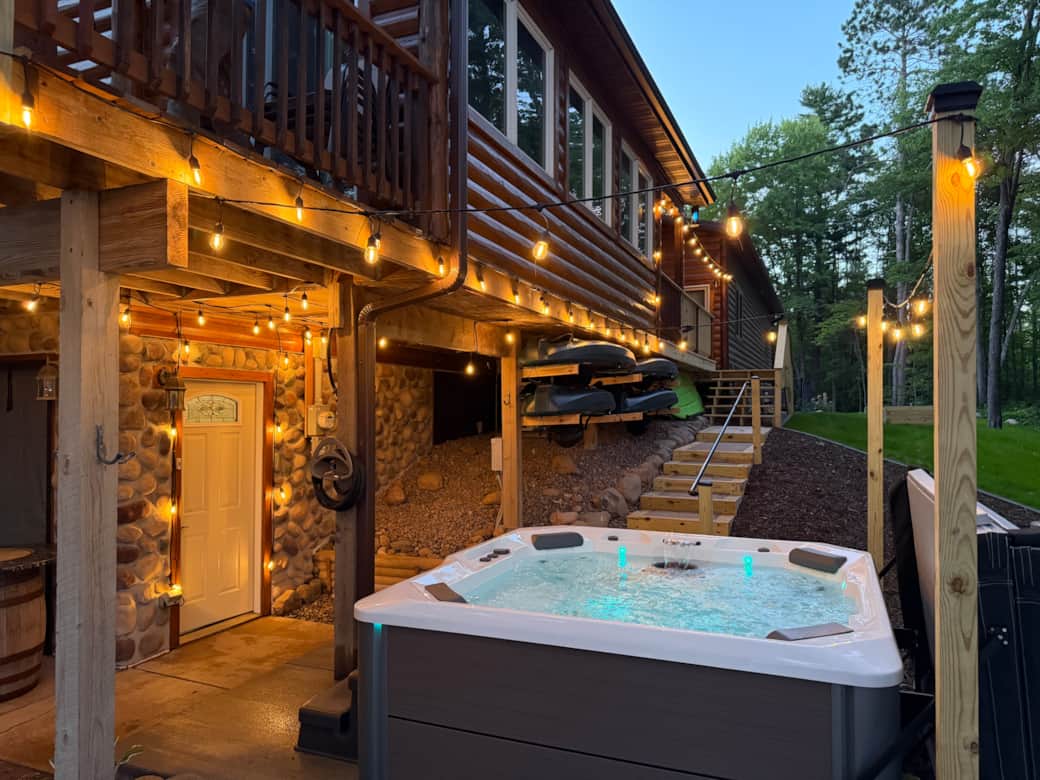 String lights all around the exterior. 