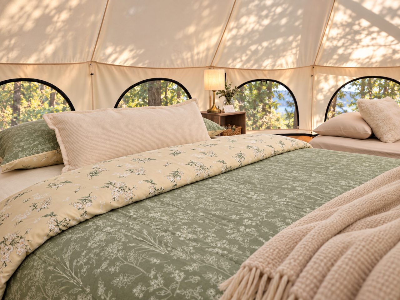 A Cozy Queen Bed with Soft, Nature-Inspired Linens