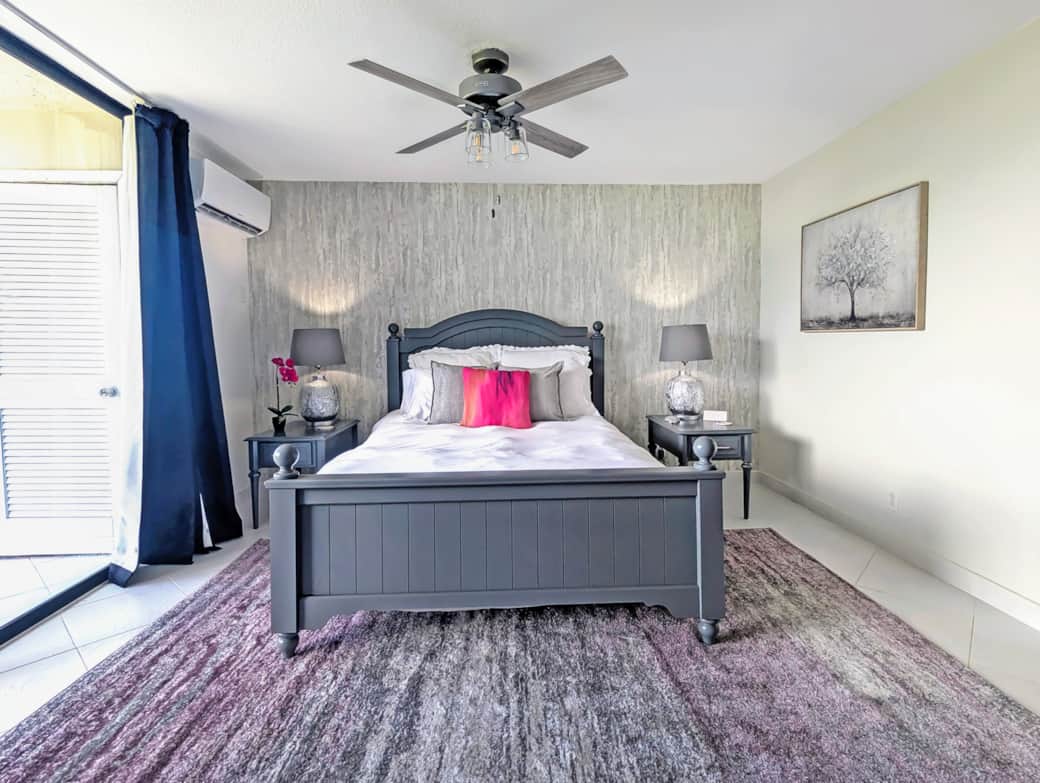 Bedroom with Queen size bed, nightstands with drawers, USB and C outlets for easy phone charging