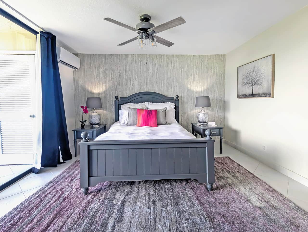 Bedroom with Queen size bed, nightstands with drawers, USB and C outlets for easy phone charging