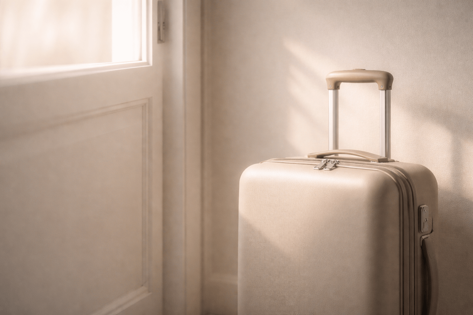 Beiger Rollkoffer im hellen Eingangsbereich, Ankunfts- und Reisegefühl in stilvoller Unterkunft