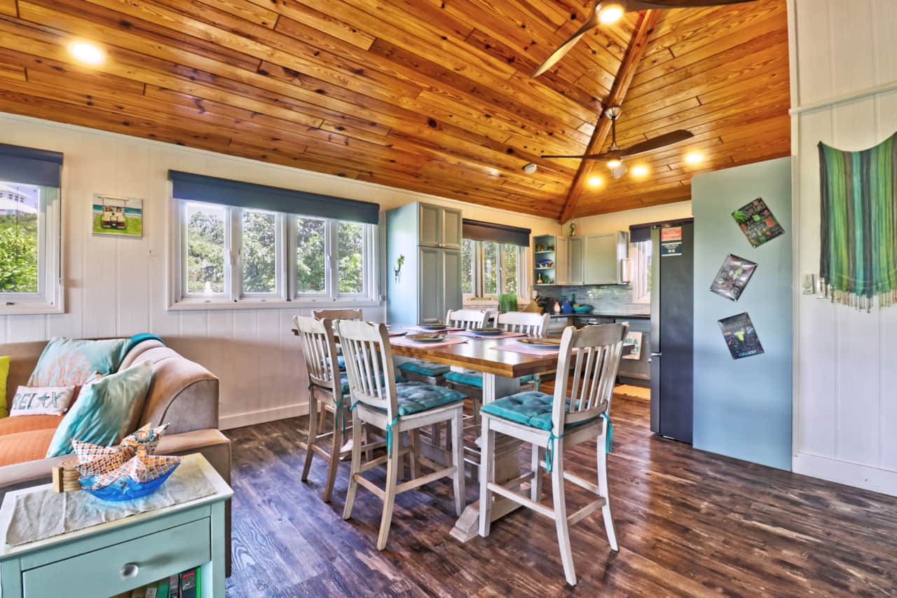 Our open floorplan living area flows from living room, to dinging coffee/wet bar to kitchen