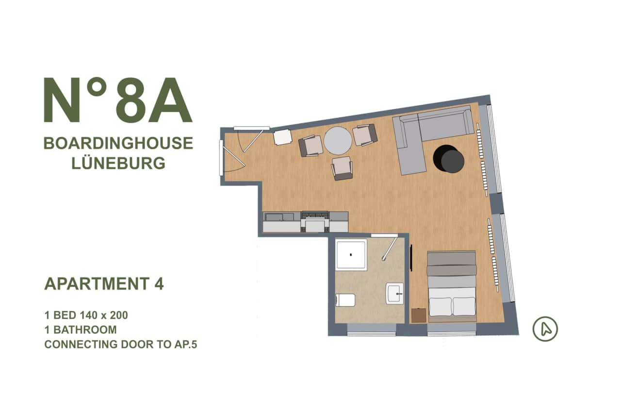 Großzügiger Grundriss mit eigenem Bad und Küche im N°8A Boardinghouse Lüneburg 