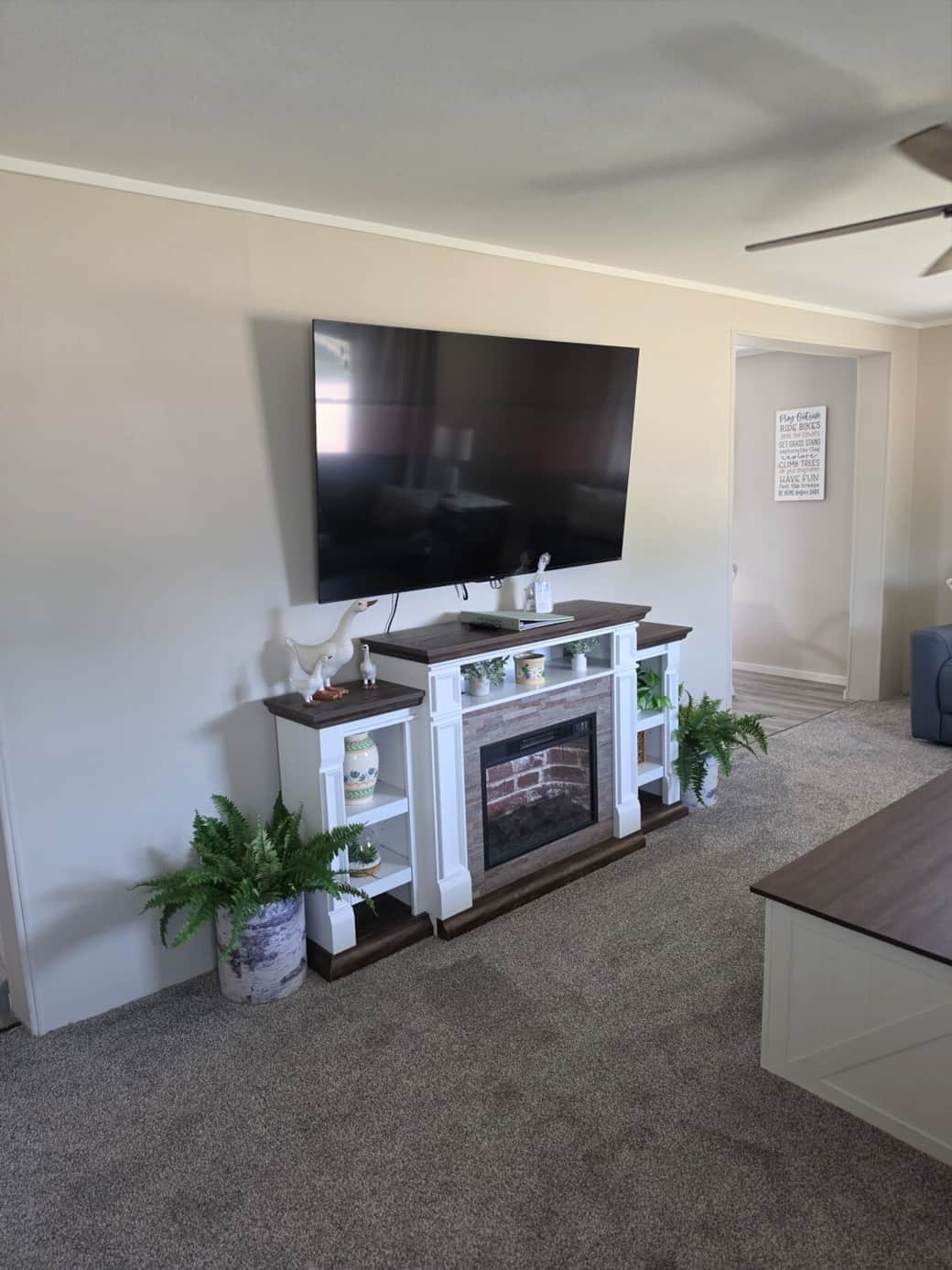 Big screen TV and electric fireplace