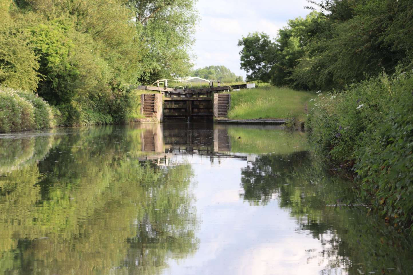 Canal lock on the grand union surrounded by trees in summer