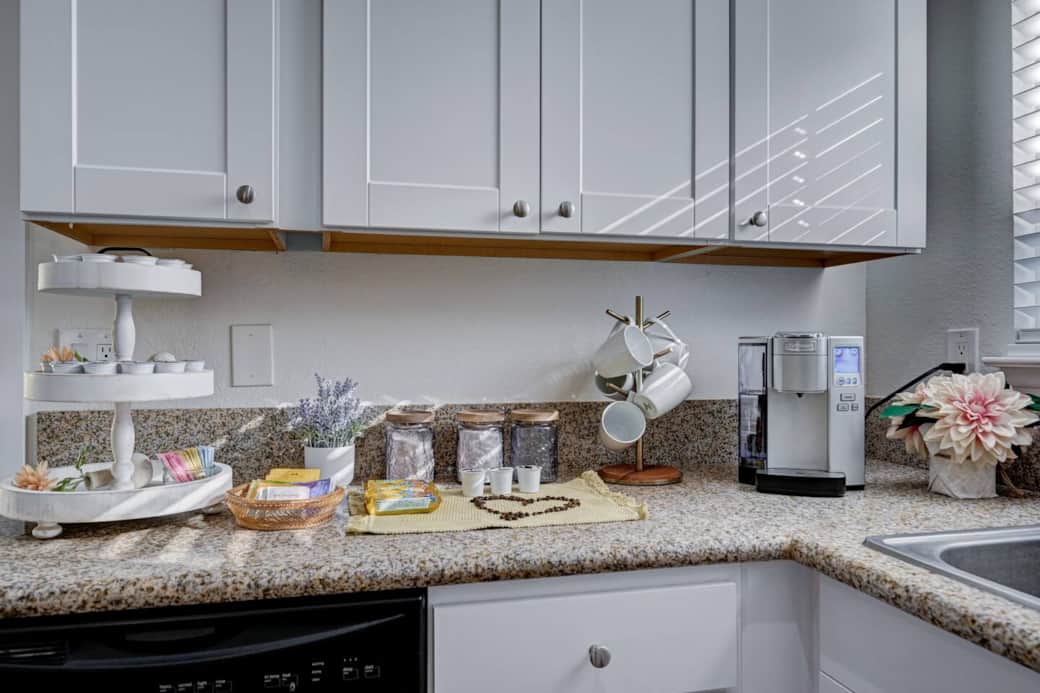 Coffee station with Lavazza Coffee, Decaf, Tea and everything you need for good start of the day.