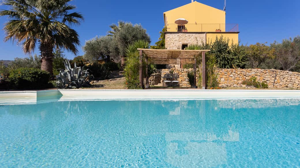 Private pool with open views, palms and the villa in the background.