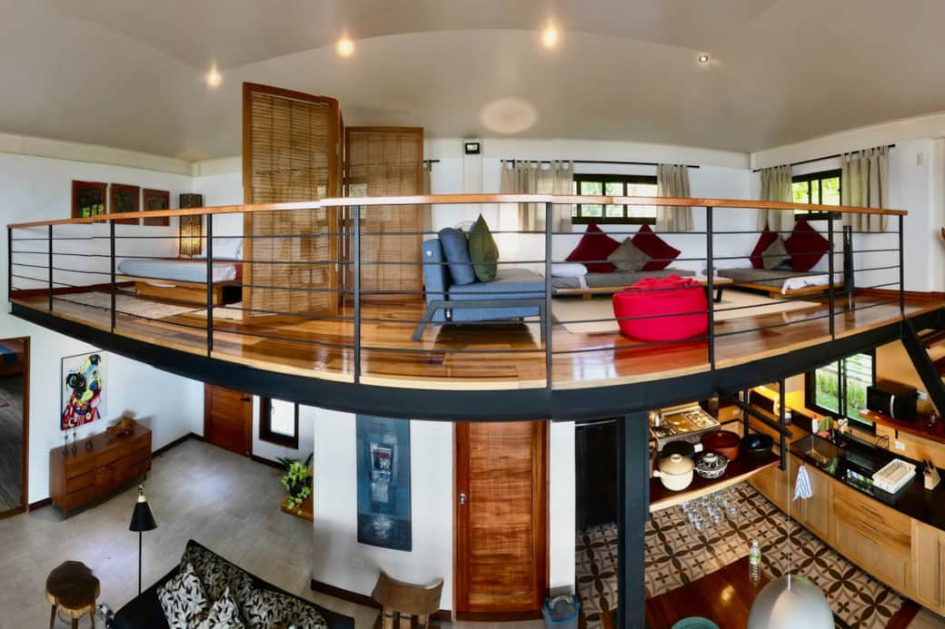 The main loft-style room with Kitchen, living room space, and upper mezzanine which sleeps up to 6  (mainly enjoyed by some of the younger members of the family!). The main loft-style room with Kitchen, living room space, and upper mezzanine which sleeps up to 6  (mainly enjoyed by some of the younger members of the family!).