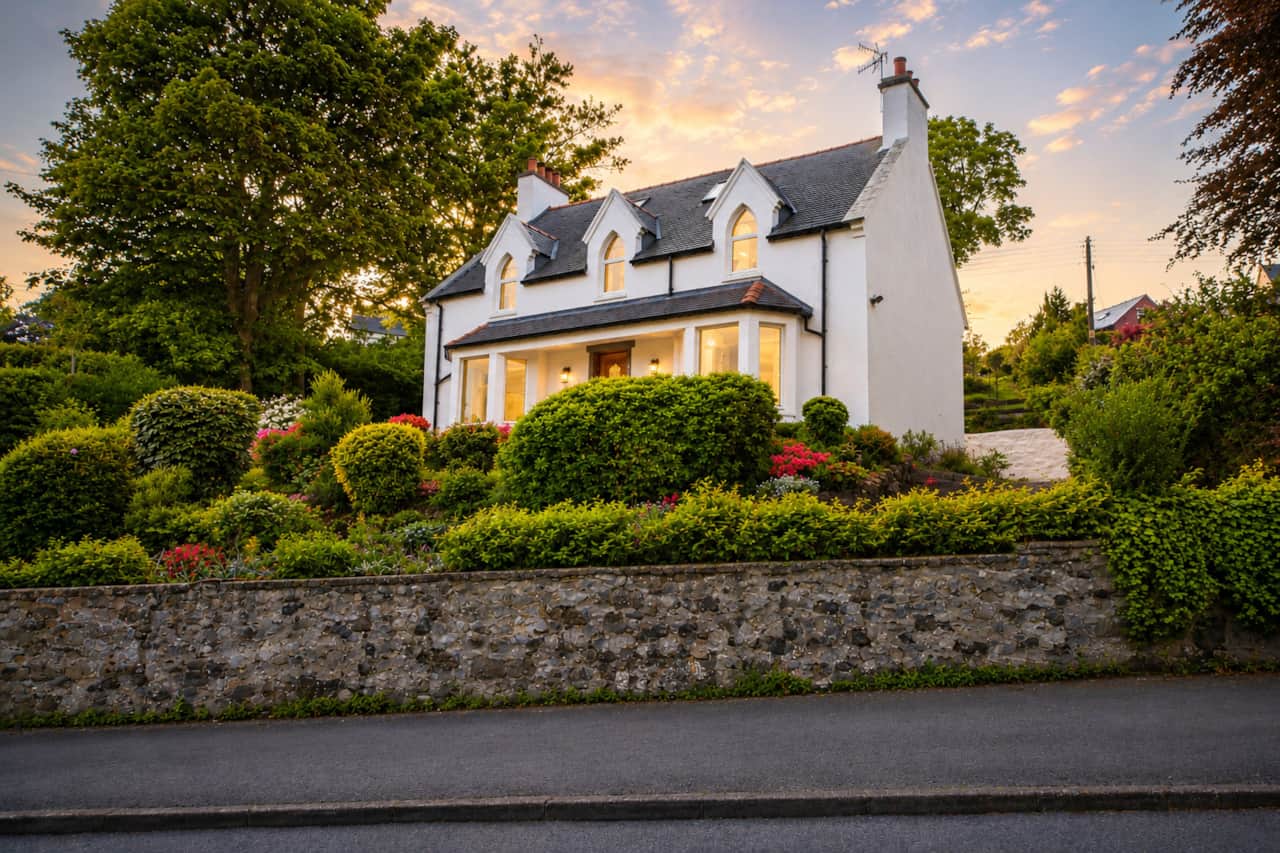 A white Victorian house above a stone wall on Staffin Road, Portree.