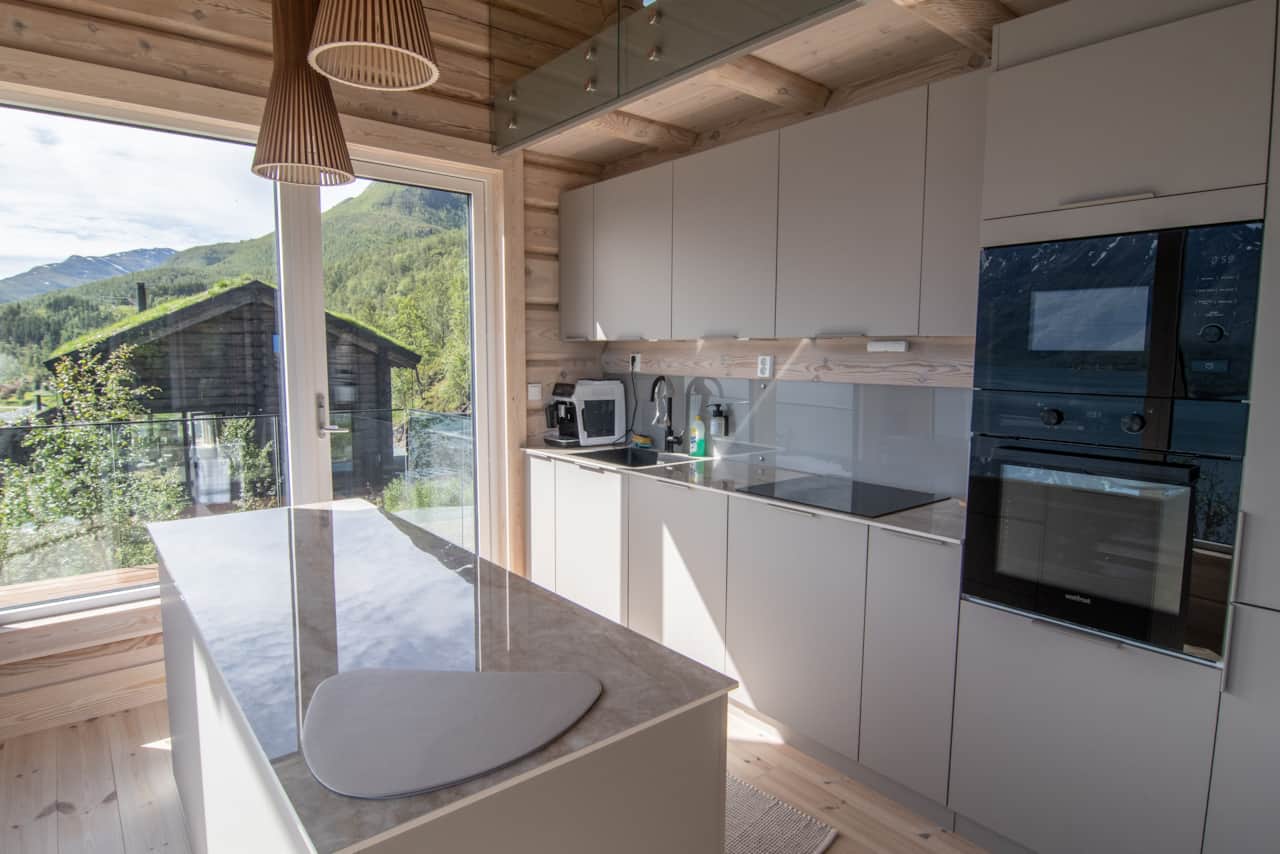 Nordlys modern kitchen with Arctic landscape view, Ulsfjord Norway