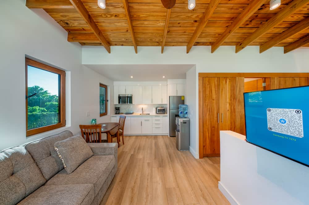 sofa area and tv on swivel stand