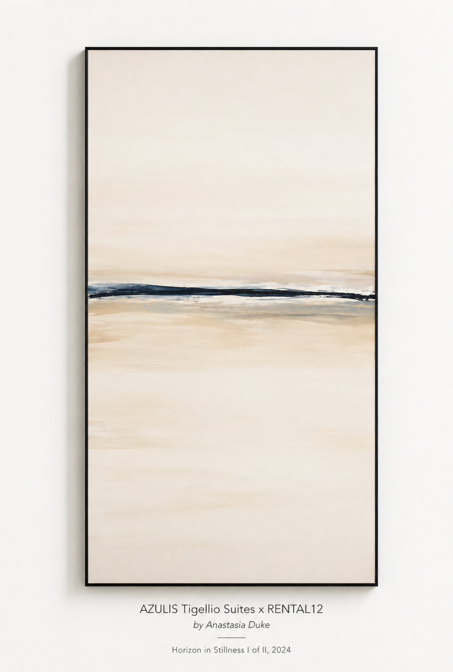 Horizon in Stillness Panel I — blue, grey, black, beige framed panel of the AZULIS Tigellio diptych