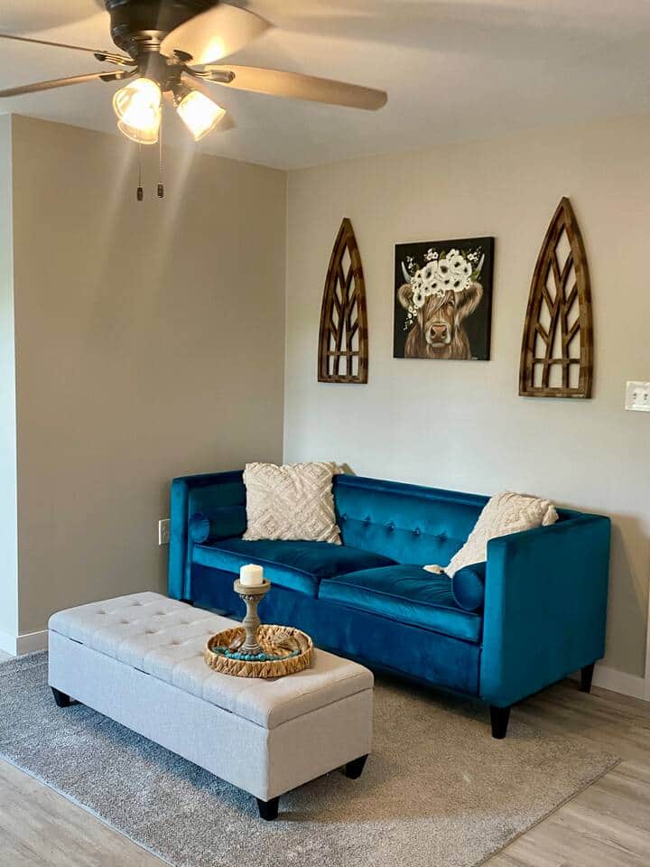 Kick back and relax in style on this full size couch. The couch is not a sleeper sofa & is not to be considered as an additional sleeping area for sanitary reasons. The ottoman has additional throws/blankets to snuggle up in. 
