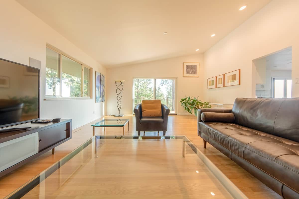 Spacious 800 SF living room w leather couch and large TV