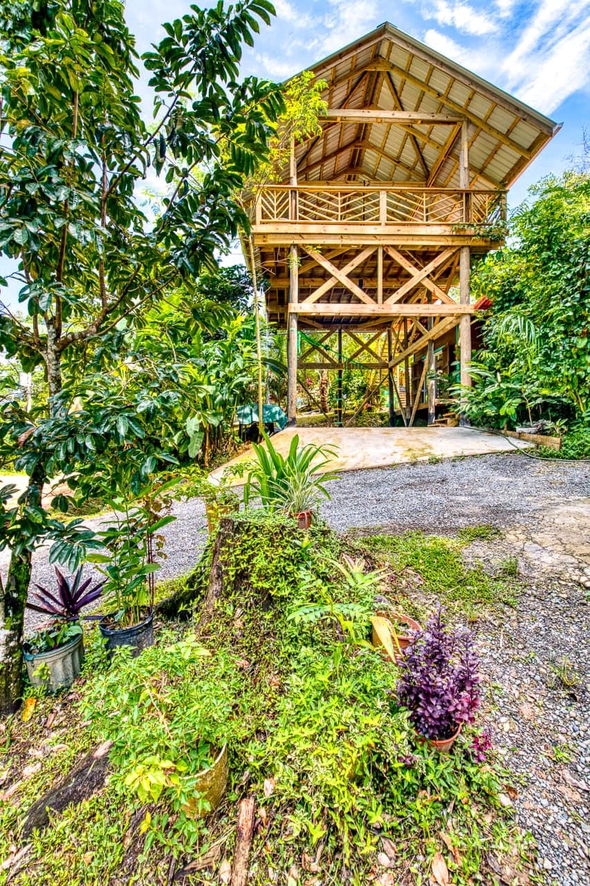 Two-story open-air yoga platform nestled among tropical gardens in Bocas del Toro — a tropical treehouse experience rising above the eco lodge grounds on Isla Colón.
