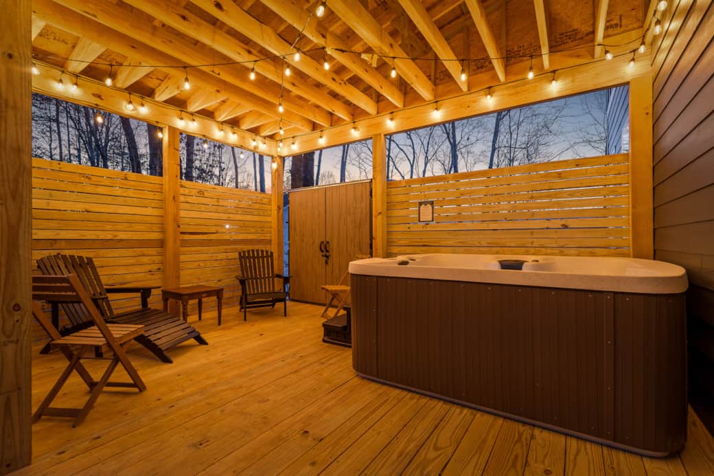 Private Hot Tub Terrace with String Lights