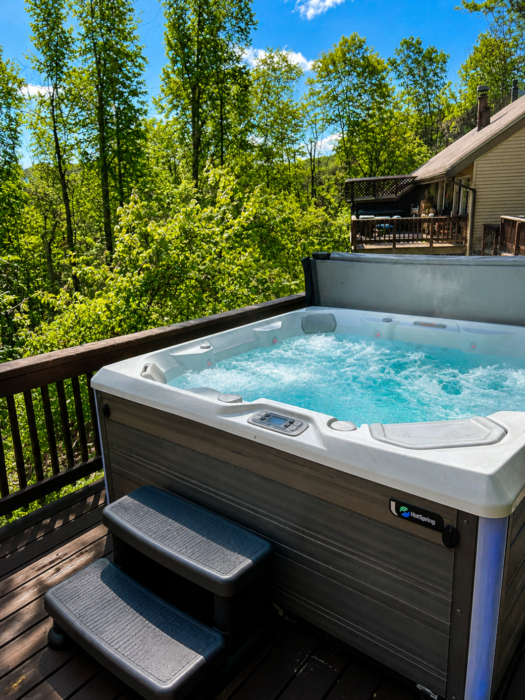 Private saltwater hot tub surrounded by trees for relaxing après-ski and summer evenings Private saltwater hot tub surrounded by trees for relaxing après-ski and summer evenings