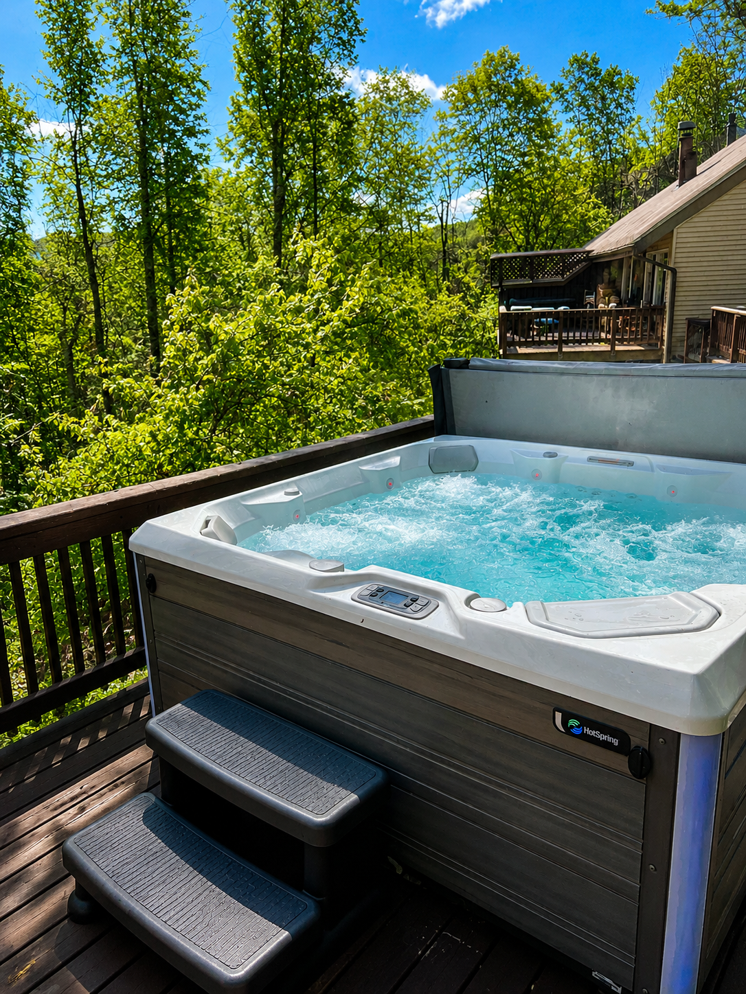 Private saltwater hot tub surrounded by trees for relaxing après-ski and summer evenings