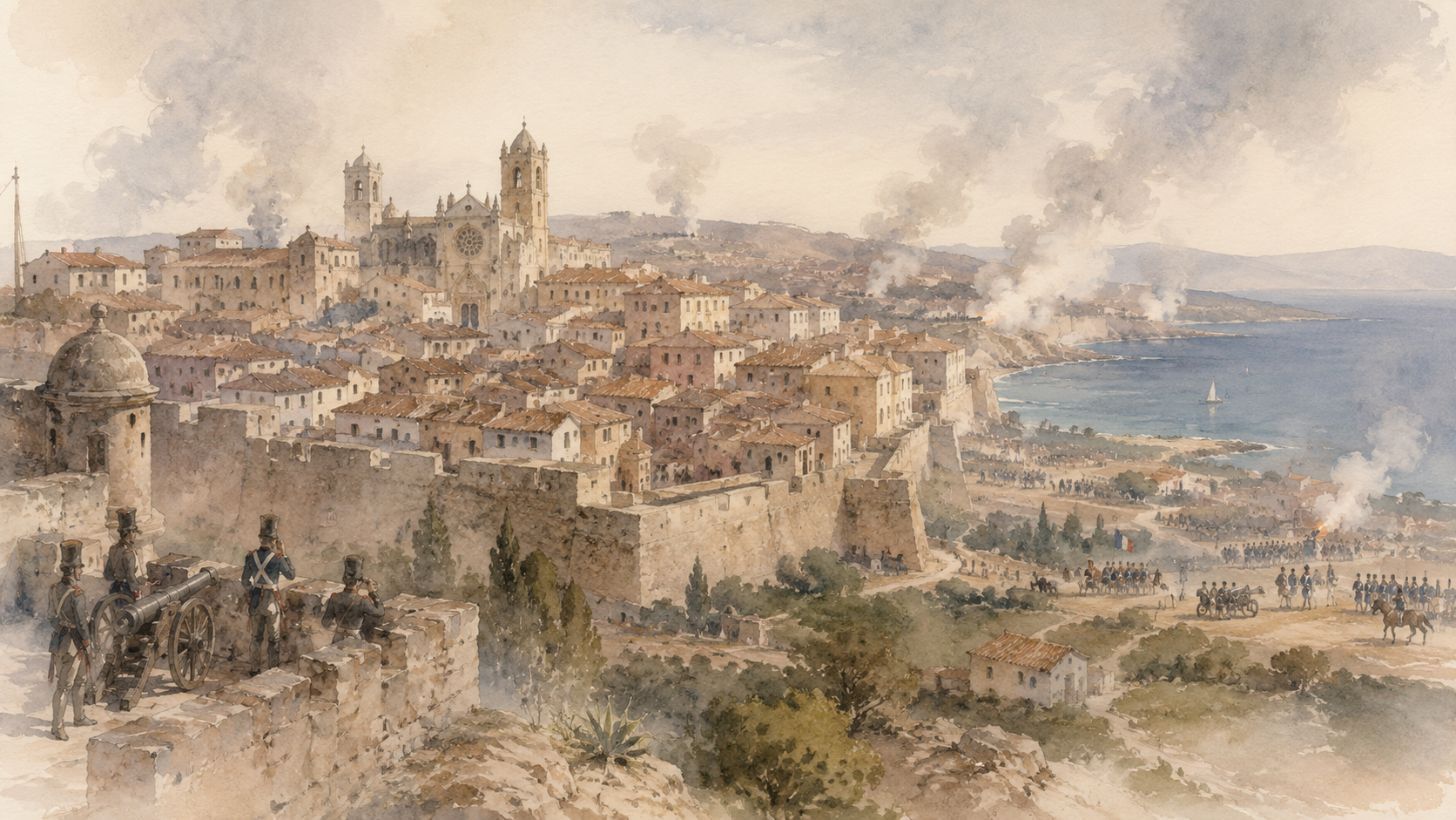 Watercolour illustration of the French siege of Tarragona in 1811