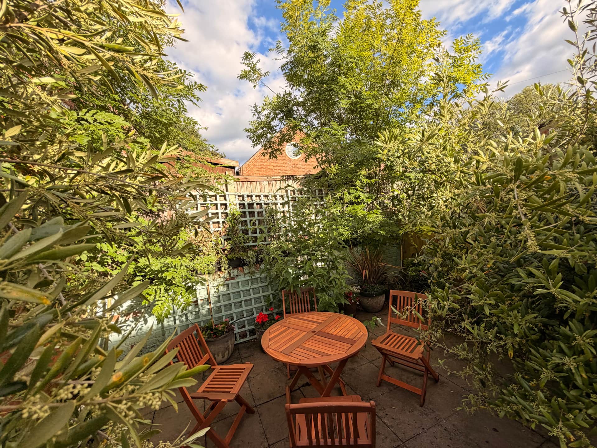 Leafy courtyard garden at the back of Jasmine Cottage in Audlem