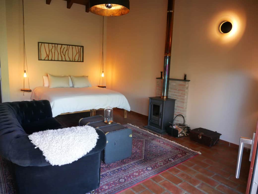180cm Bed, Velvet Chesterfield Couch and Fireplace