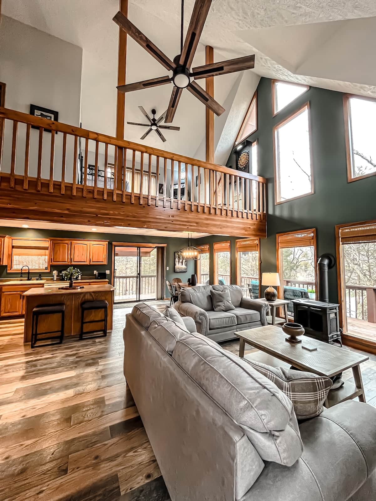 View of house downstairs and loft looking at lake 