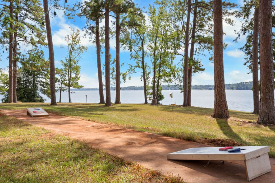 ... and cornhole on the original 1950s shuffle board court