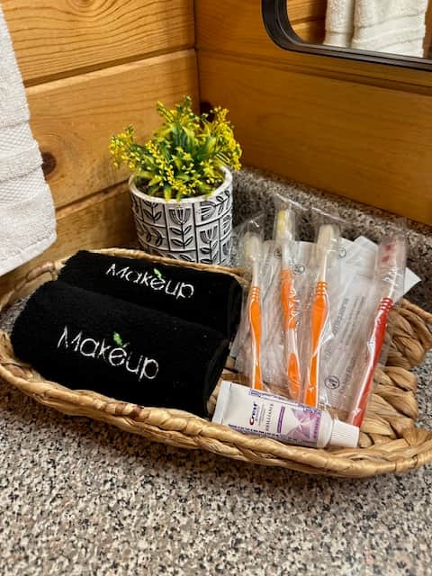 Provided toiletries plus bath soaps, hair dryer and make up mirror
