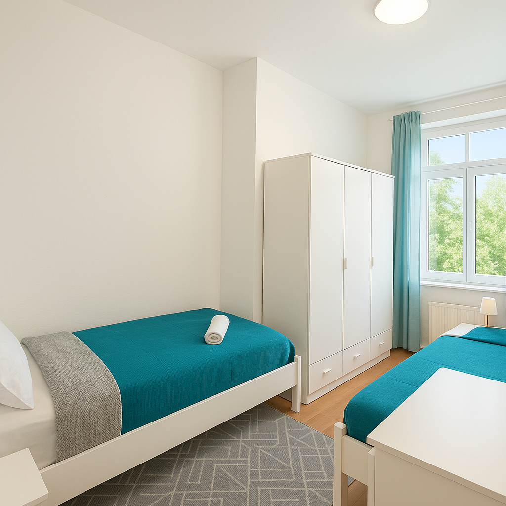 Helles Schlafzimmer mit Einzelbetten