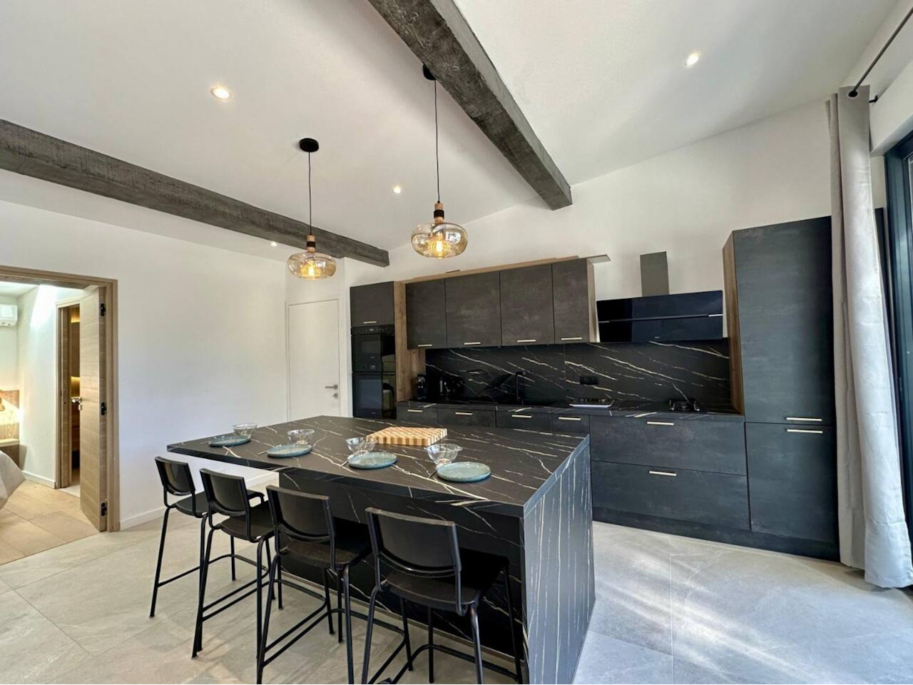 kitchen, dining table, oven, fridge, dishwasher