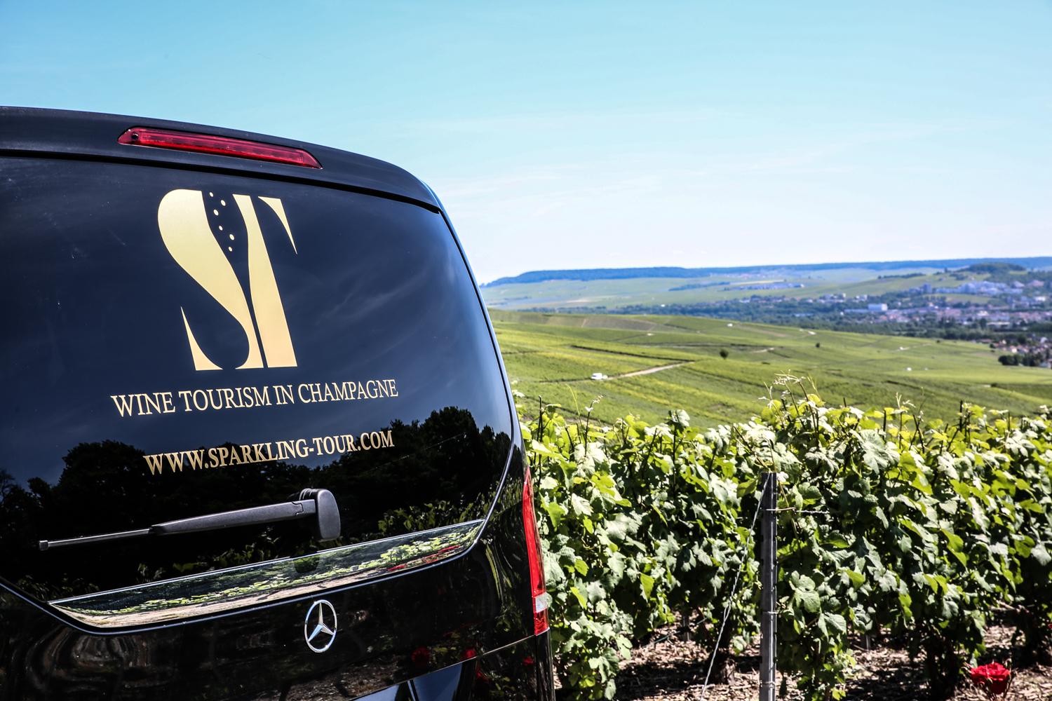 Sparkling Tour minibus in the Champagne vineyards near Reims
