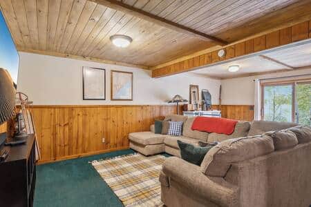 Lower level entertainment room with space for kids to play, or families to unwind.