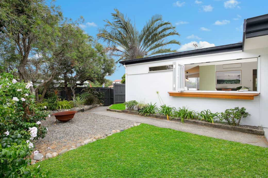 Back garden, firepit and serving window