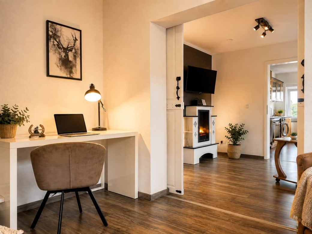 Arbeitsbereich mit Blick ins Wohnzimmer Arbeitsbereich mit Blick ins Wohnzimmer