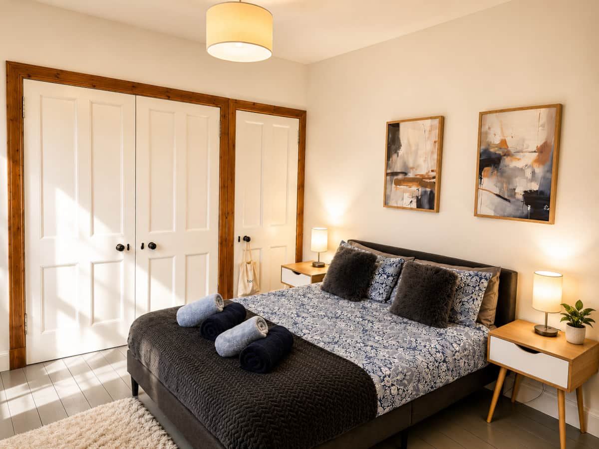 Bedroom 1, sunlit, with built-in wardrobes, bedside lamps and abstract artwork.