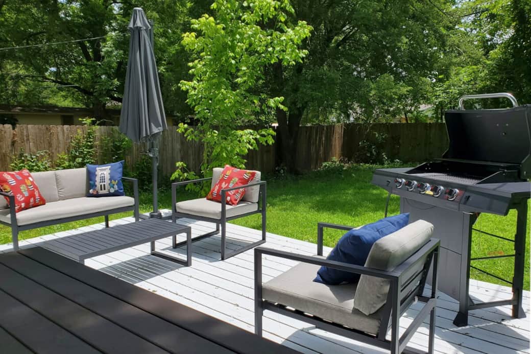 Back patio with umbrella and BBQ