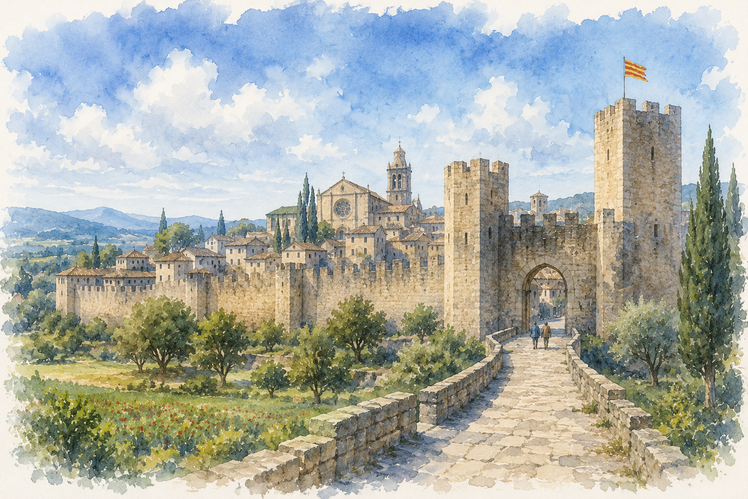Watercolour illustration of the medieval walls of Montblanc